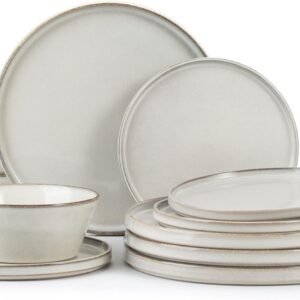 Famiware Annecy Stoneware Dinnerware Sets, Plates and Bowls Sets for 4, 12 Pieces Handmade Tableware/Dishware/Dinner/Dish Set with Lipped Edges - Double Reactive Glaze, Grey-White