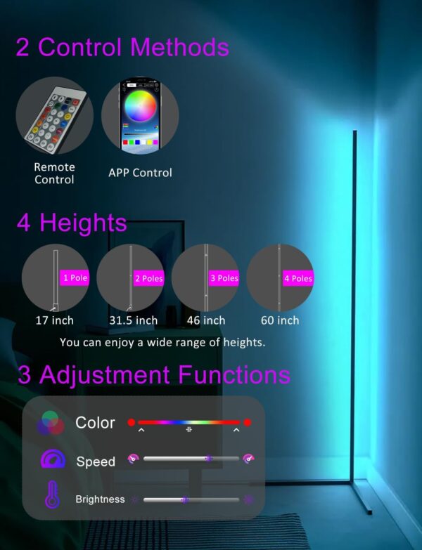 Corner Floor Lamp,60” Smart RGB LED Corner Lamp with App and Remote Control, Color Changing Ambience Light with Music Sync, Easy to Install, Led Floor Lamp for Living Room Bedroom Gaming Room - Image 3