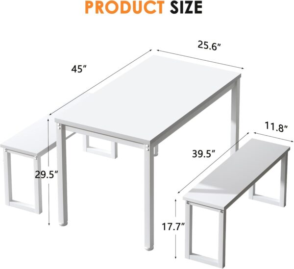 soges Kitchen Table Set with 2 Benches, White Dining Table Set for 4, 3 Piece Dining Room Table and Long Benches, Breakfast Table Coffee Table Set, Industrial Style Wooden Kitchen and Dining Room Set - Image 7