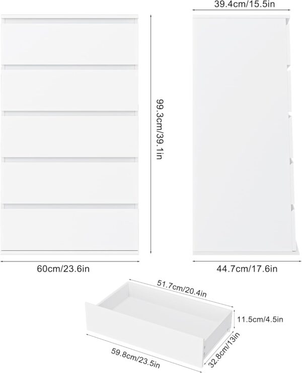 FOTOSOK White Dresser, 5 Drawer Dresser Tall White Dresser with Large Storage Space, Modern Storage Chest of Drawers, 23.6L x 17.6W x 39.1H Inch Storage Organizer Cabinet for Home, White - Image 3