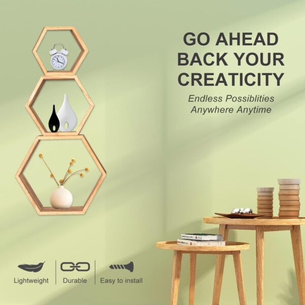 PHOENANCEE Hexagon Floating Shelves,Honeycomb Shelf Set of 5,Octagon Shelves Wall Mounted Hanging Storage Cube Wood for Bathroom Kitchen Bedroom Living Room Office Home - Image 5