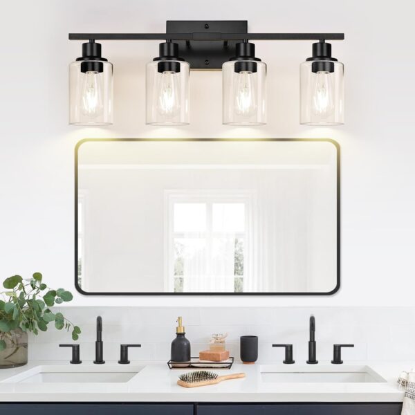 4-Light Bathroom Light Fixtures, Bathroom Vanity Lights with Clear Glass Shades, Matte Black Bathroom Light Fixtures over mirror, Modern Bathroom Wall Lamp for Mirror Living Room Cabinet Bedroom Porch - Image 5