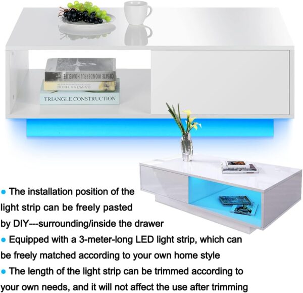HOMMPA LED Coffee Table Modern Coffee Table White Side Tables High Gloss Center Table Cocktail Table with 2 Drawers Open Shelf for Living Room - Image 7