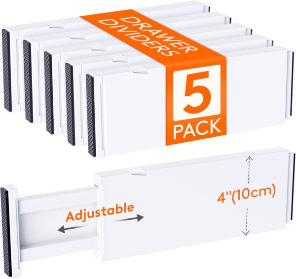 Lifewit 5 Pack Drawer Dividers Plastic 4" High, 11-17" Adjustable Drawer Organizers for Clothes, Expandable Dresser Separators in Bedroom/Bathroom/Kitchen/Fridge/Office Organization and Storage