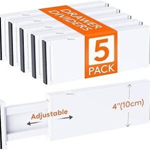 Lifewit 5 Pack Drawer Dividers Plastic 4" High, 11-17" Adjustable Drawer Organizers for Clothes, Expandable Dresser Separators in Bedroom/Bathroom/Kitchen/Fridge/Office Organization and Storage