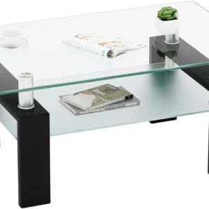 IANIYA Coffee Table with Metal Tube Legs, Glass and Rectangle End Table for Livingroom (Black)