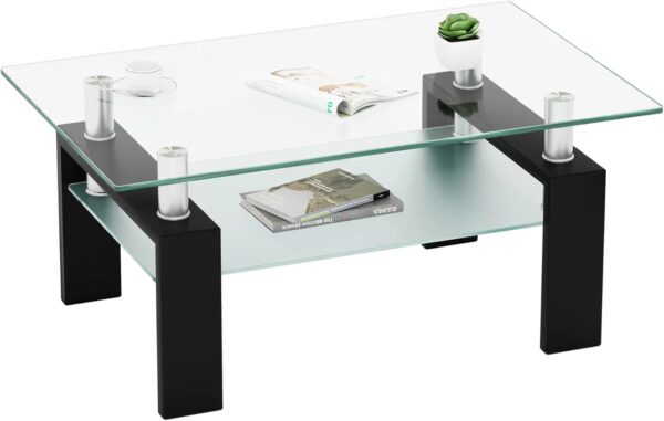 IANIYA Coffee Table with Metal Tube Legs, Glass and Rectangle End Table for Livingroom (Black)