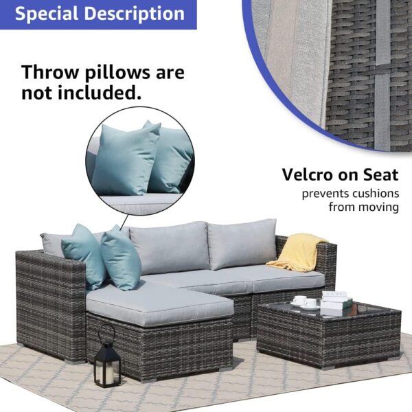 Patiorama 5 Piece Outdoor Patio Furniture Set, Sectional Conversation All-Weather Grey PE Wicker w/Light Cushions, Backyard Porch Garden Poolside Balcony Set - Image 5