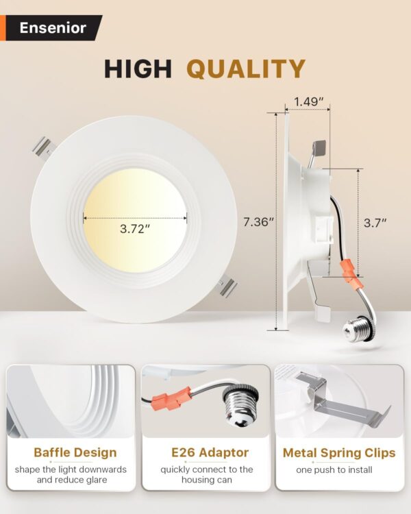 Ensenior 5/6 Inch 5CCT LED Can Lights 6 Pack, Retrofit Led Recessed Lighting, Baffle Trim, Dimmable, 9W=110W, 1000LM, 2700K/3000K/3500K/4000K/5000K Selectable, IC Rated - ETL & FCC - Image 6