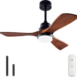 BOJUE 60 Inch Ceiling Fans with Lights Remote Control, Indoor Outdoor Wood Ceiling with 3 Blade Fan for Patio Living Room, Bedroom, Office, Summer House,Etc