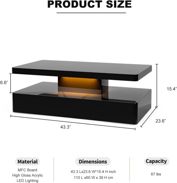IKIFLY LED High Glossy Coffee Table, Modern Coffee Table for Living Room, 2 Tiers Rectangle Design Coffee Table with 16 Colors LED Lights Black - Image 2