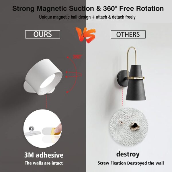 Koopala LED Wall Sconces, Wall Mounted Lamps with Rechargeable Battery Operated Dim 3 Brightness Removable Charging 360°Rotate Magnetic Ball, Cordless Wall Light for Reading Study Bedside Hallway - Image 3