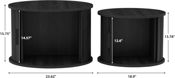 Coffee Table, Modern Round Coffee Table Set of 2 with Storage Compartment and Sliding Door, Side End Accent Table for Living Room, Bedroom, Apartment, Office (Black) - Image 2
