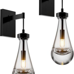 Raindrop sconces Wall Lighting,sconces Wall Decor Set of 2,Matte Black Wall Lamp with Hand Blown Solid Glass Perfect for Bedroom, Living Room,Vanity,Hallway