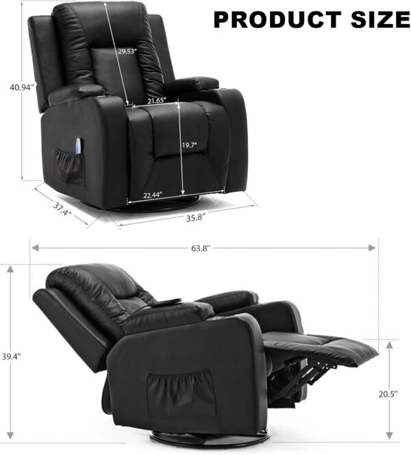 COMHOMA Recliner Chair, PU Rocking Chair for Adults, Swivel Recliner with Cup Holders, Heat and Massage, Single Sofa Seat with Side Pockets for Living Room, Bedroom (Black) - Image 2