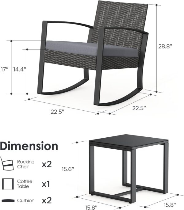 3 Piece Wicker Patio Furniture Set, Outdoor Rocking Chairs, Outdoor Furniture with Table & Cushions, Patio Chairs Balcony Porch Furniture, Gray - Image 7