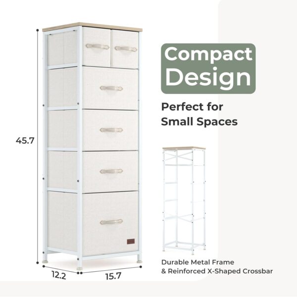 Fabric Dresser, 6-Drawer Tall Dresser for Bedroom, Vertical Dressers & Chests of Drawers with Wooden Top Metal Frame for Clothes, Kids Room, Living Room, Hallway, Entryway (White) - Image 2