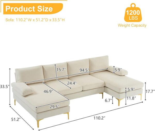 Karl home Convertible Sectional Sofa 110" U-Shape Sofa Couch 4-Seat Couch with Chaise Fabric Upholstered for Living Room, Apartment, Office, Beige - Image 2