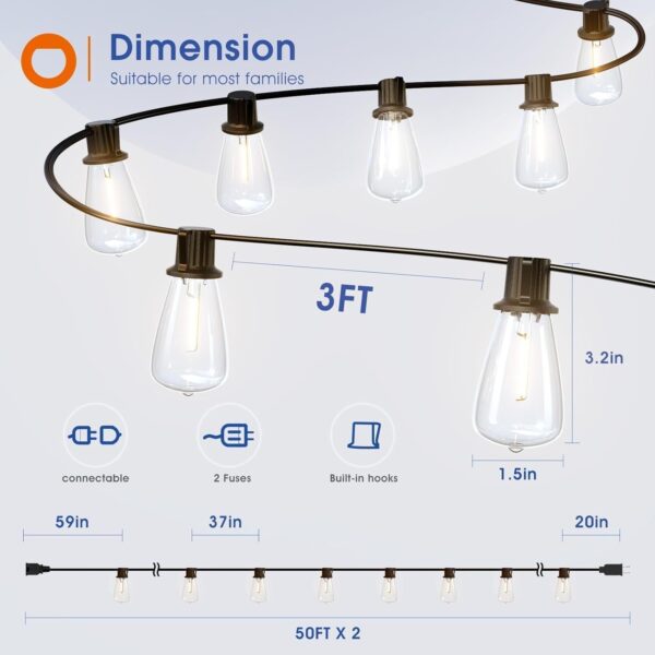 addlon 100FT(50FT*2) LED Outdoor String Lights Waterproof Patio Lights with 32 Shatterproof ST38 Replaceable Bulbs(2 Spare), Dimmable Outside Hanging Lights Connectable for Porch, Backyard, 2200K - Image 6