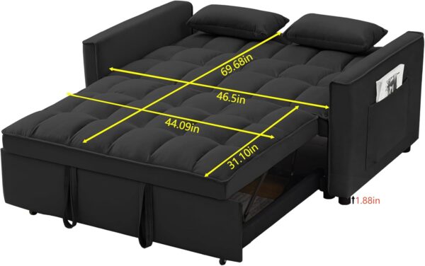MMTGO 3 in 1 Velvet Convertible Sleeper Sofa Bed, w/Pullout Bed, Reclining Backrest,Toss Pillows, Pockets, Small Loveseat Lounge Couch, Furniture for Living Room - Image 5