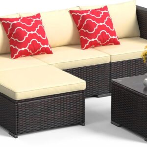 Aiho Patio Furniture Set All Weather Outdoor Sectional Patio Sofa Set Wicker Patio Furniture with Tempered Coffee Table, for Backyard Porch Poolside, Beige