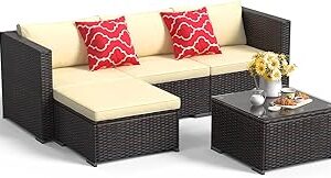 Aiho Patio Furniture Set All Weather Outdoor Sectional Patio Sofa Set Wicker Patio Furniture with Tempered Coffee Table, for Backyard Porch Poolside, Beige