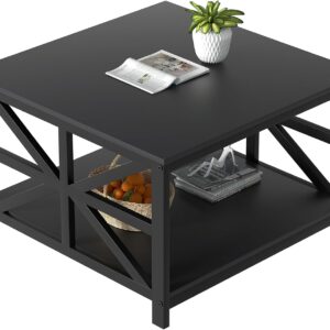 GreenForest Coffee Table with Storage, 27.6 inch Square Coffee Table, Seamless One-Piece Tabletop Design, Small Coffee Tables for Living Room, Farmhouse Sofa Table, Rustic Center Table, Black
