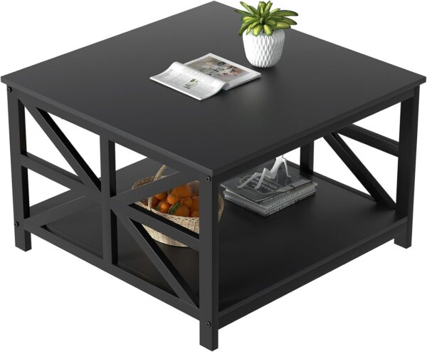 GreenForest Coffee Table with Storage, 27.6 inch Square Coffee Table, Seamless One-Piece Tabletop Design, Small Coffee Tables for Living Room, Farmhouse Sofa Table, Rustic Center Table, Black