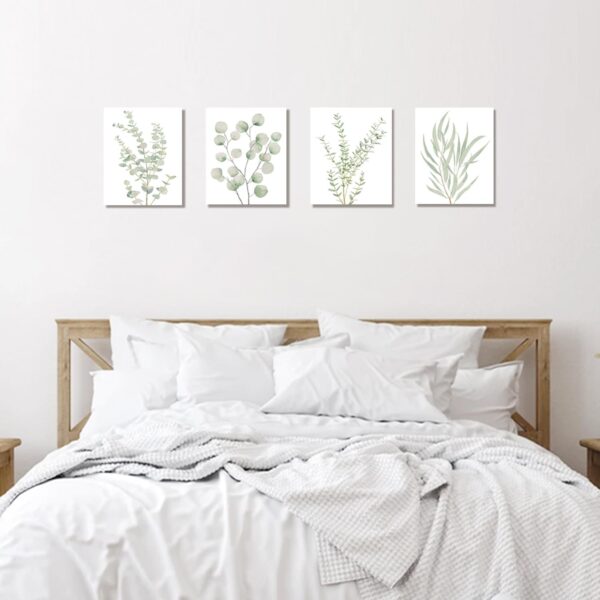 Erctoo Botanical Plant Canvas Wall Art, Framed Boho Wall Decor for Bathroom, Minimalist Aesthetic Bedroom Wall Art, Sage Green Eucalyptus Leaf Prints for Office, Set of 4PCS, 8”X10” - Image 4