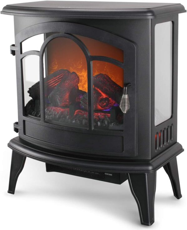 Della 17 Inch 1400W Compact Freestanding Portable Electric Fireplace Stove Heater with Realistic 3D Flame Effect, Infrared Quartz Indoor Heat, Faux Logs - Black - Image 3