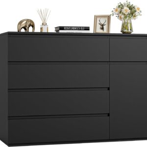 FOTOSOK 5 Drawer Dresser, Black Dresser Modern Dresser for TV Stand, Double Dresser Wide Storage Chests of Drawer with Door, Deep Drawers and Wide Storage Space