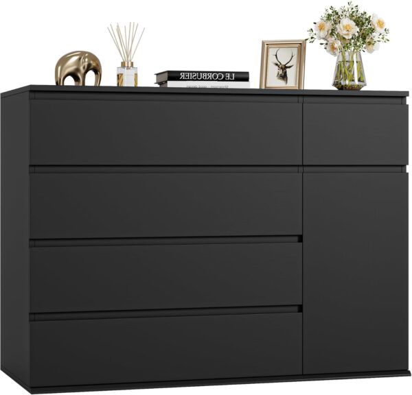 FOTOSOK 5 Drawer Dresser, Black Dresser Modern Dresser for TV Stand, Double Dresser Wide Storage Chests of Drawer with Door, Deep Drawers and Wide Storage Space