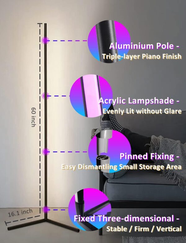Corner Floor Lamp,60” Smart RGB LED Corner Lamp with App and Remote Control, Color Changing Ambience Light with Music Sync, Easy to Install, Led Floor Lamp for Living Room Bedroom Gaming Room - Image 5