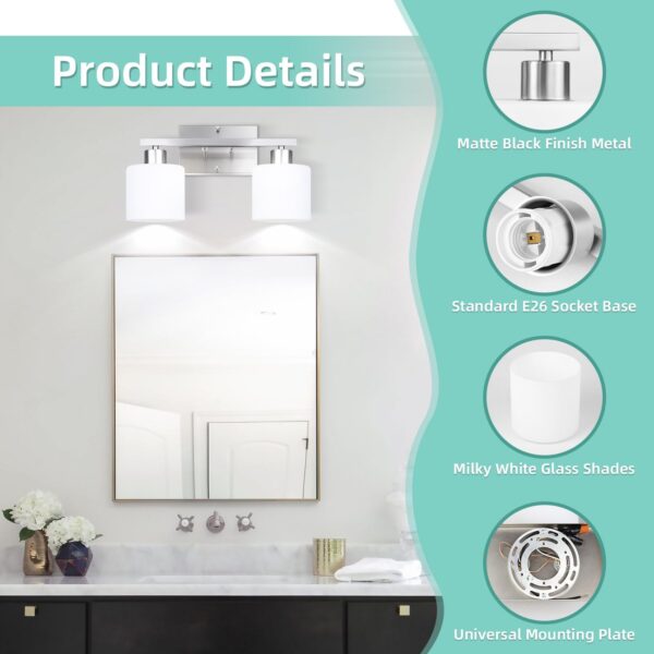 SILAMPDI Bathroom Lighting Fixtures Over Mirror Brushed Nickel, Modern 2-Light Vanity Lights Fixtures, Wall Sconces Light for Bedroom, Hallway, Milky White Glass Shades, E26 Base, Bulbs Not Included - Image 2