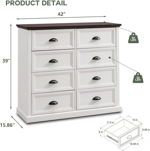 Farmhouse 8 Drawer Dresser for Bedroom, Tall Chest of Drawers, Chest of Drawers Organizer Storage, Wood Rustic Bedroom Dresser for Closet, Living Room, Hallway, White - Image 2