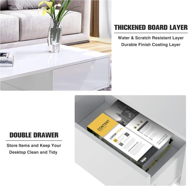 HOMMPA LED Coffee Table Modern Coffee Table White Side Tables High Gloss Center Table Cocktail Table with 2 Drawers Open Shelf for Living Room - Image 5