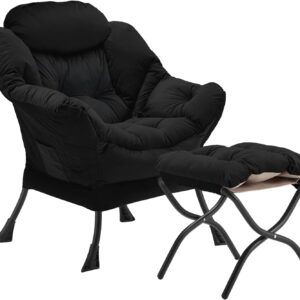 Lazy Chair with Folding Ottoman, Accent Chair Velvet Upholstered with Metal Structure and Non-Slip Pads, Sofa Armchair with Footrest and Side Storage Bag for Dorm, Room, Office, Black