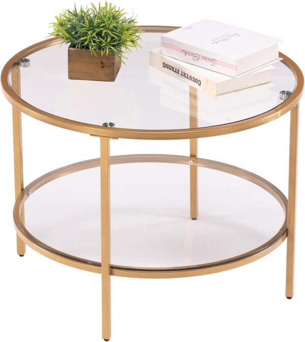 VINGLI 25.6" Round Gold Coffee Tables for Living Room, 2-Tier Glass Top Coffee Table with Storage Clear Coffee , Simple & Modern Center Table for Small Space - Image 5