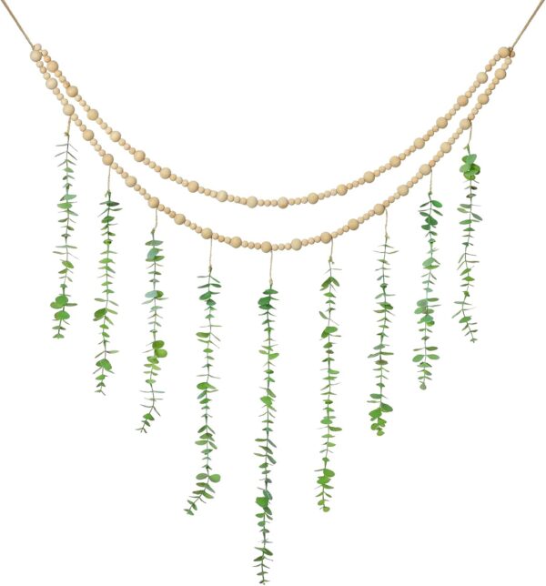 Hanging Eucalyptus Boho Wall Decor Large Boho Bedroom Wall Hanging Wooden Bead Garland Artificial Eucalyptus Natural Greenery Decoration, 36 x 36 Inch