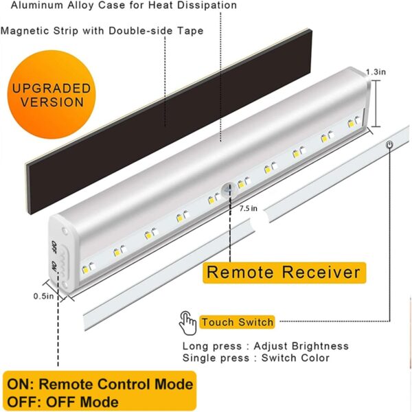 Remote Control Under Cabinet Lighting Wireless 6 Pack, 20-LED Dimmable Closet Lights Rechargeable Under Counter Light, Stick on Touch Night Light Strip Bar for Kitchen Stairway Bedroom, 3 Colors - Image 3