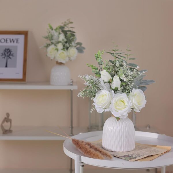 FOTEEWL Artificial Flowers with Ceramic Vase,Faux Silk Roses and Fake Plant Eucalyptus in Vase for Centerpiece Table Decorations, Living Room,Dining Table,Fireplace,Office,Farmhouse,Home Decor(White) - Image 3