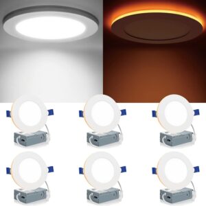 Meconard 6 Pack 4 Inch 5CCT LED Recessed Lighting with Night Light, 2700K/3000K/3500K/4000K/5000K Selectable Ultra-Thin LED Recessed Ceiling Lights, 9W=75W, 750LM, Dimmable Canless Wafer Downlight