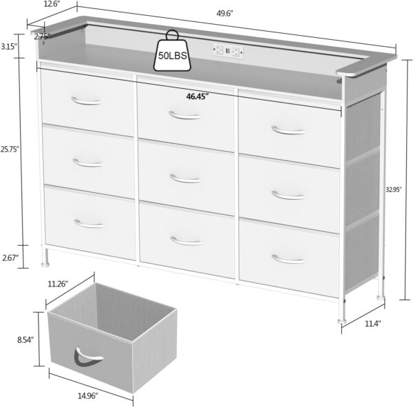 EXOTICA White Dresser with LED Light for Bedroom 9 Drawer Dressers with Charging Station Chests of Drawers for Entryway Closet Living Room Hallway Sturdy Steel Frame Wooden Top Easy Pull Handle - Image 2