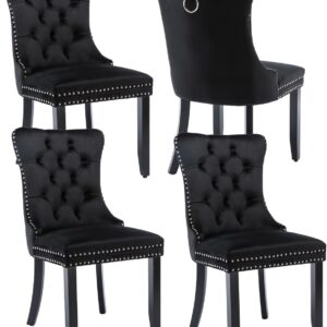 Black Velvet Dining Chairs Set of 4, Upholstered Dining Room Chairs with Back Ring Pull Trim and Solid Wood Legs,Modern Dining Chairs Perfect for Dining Room,Living Room,Kitchen(Black)