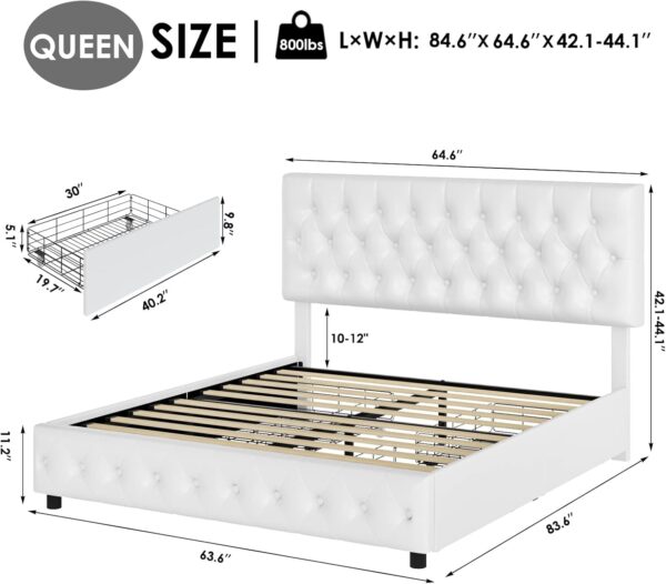Keyluv Modern Upholstered Bed Frame with 4 Drawers, Button Tufted Headboard Design, Solid Wooden Slat Support, Easy Assembly, Queen Size, White - Image 2