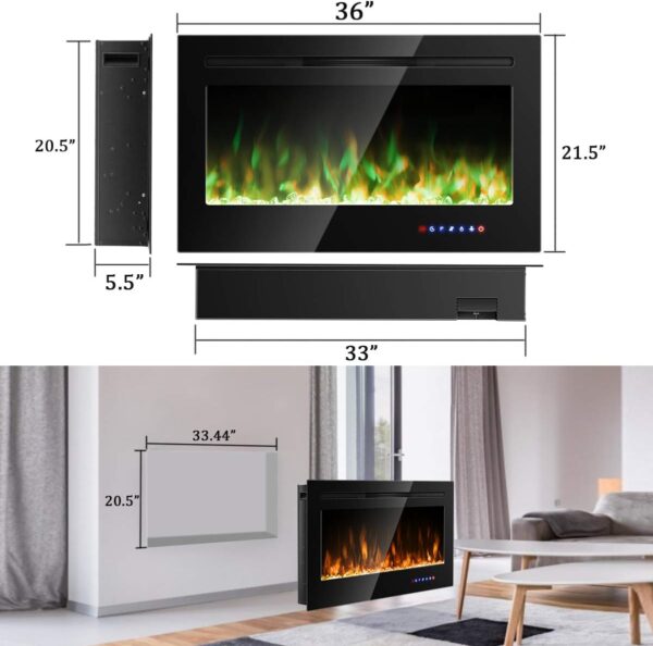 COSTWAY 36-Inch Electric Fireplace, 750W/1500W Wall Recessed and Mounted Fireplace Insert with Remote Control, 9 Flame Colors, 5 Brightness Settings, 8 H Timer, Fireplace Heater for Indoor Use - Image 4