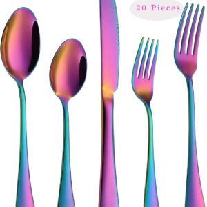 VANDBAO Rainbow Flatware Cutlery Silverware Set 20 Pieces, Stainless Steel Colorful Utensils, Tableware Set Service for 4, Include Knife/Fork/Spoon, Reusable, Mirror Polished, Dishwasher Safe