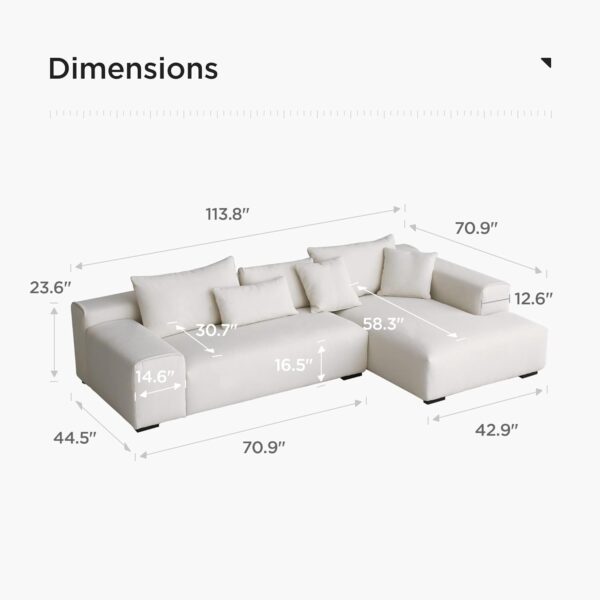 Acanva Modern Minimalist Sofa with Extra Deep Seats for Living Room, Bedroom and Lounge, L-Shaped Sectional Couch with Right Chaise,White - Image 2