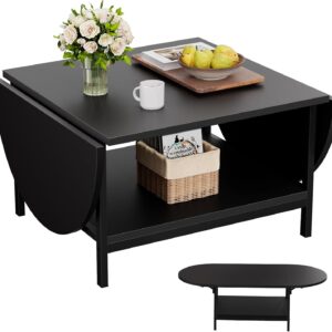 SAYGOER Black Coffee Table Modern Extended Coffee Tables with Storage for Living Room 2-Tier Unique Center Table with Two Foldable Panel for Any Large or Small Space, All Black