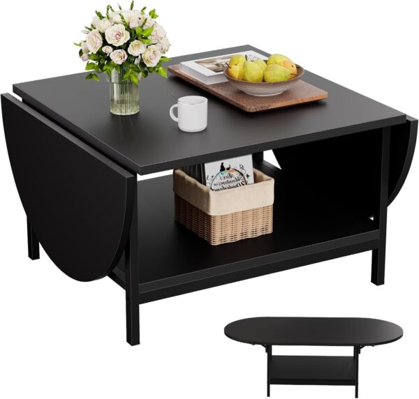 SAYGOER Black Coffee Table Modern Extended Coffee Tables with Storage for Living Room 2-Tier Unique Center Table with Two Foldable Panel for Any Large or Small Space, All Black